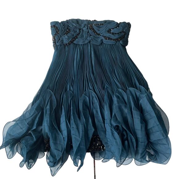 Marchesa Silk Knife Pleated Party Dress Strapless Black Crystals Teal 4 NWT - Picture 3 of 12